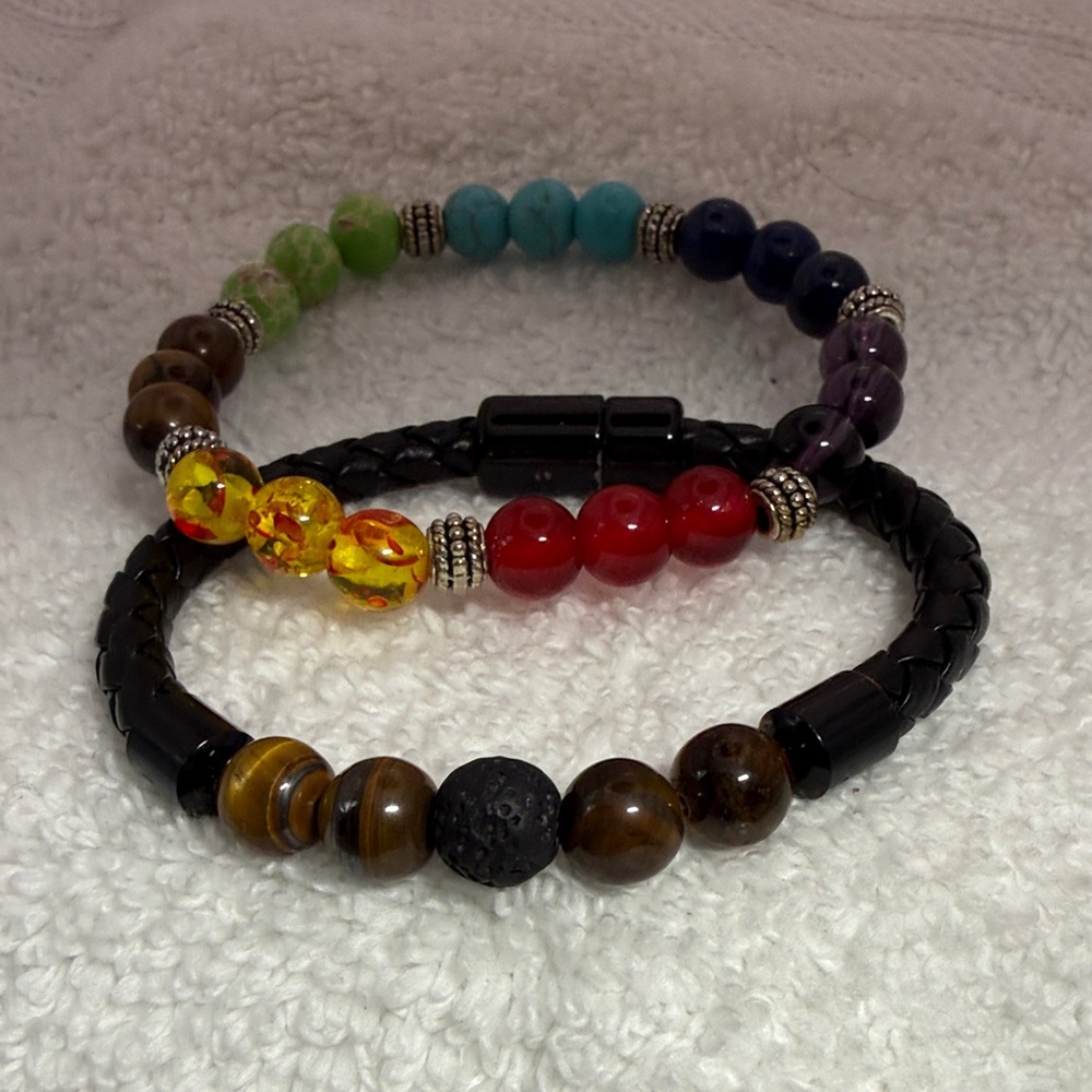 Stretch Stone Chakra bracelet & leather tiger eye & lava stone bracelet